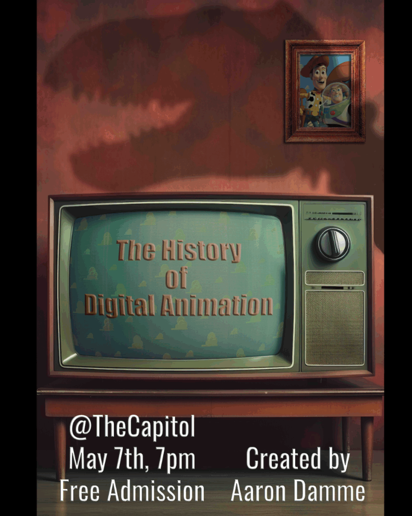 Television with picture of Buzz and Woody from Toy Story on wall, with shadow of a dinosaur above TV