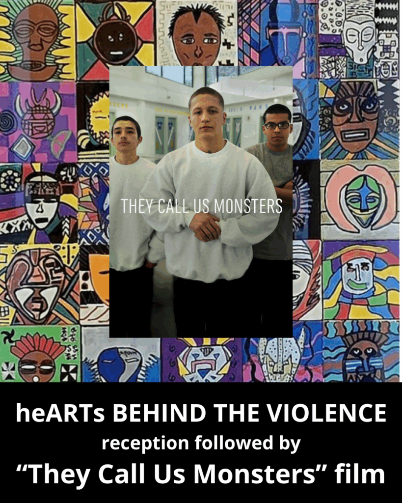 3 juveniles from the documentary super imposed over art work created in a detention center